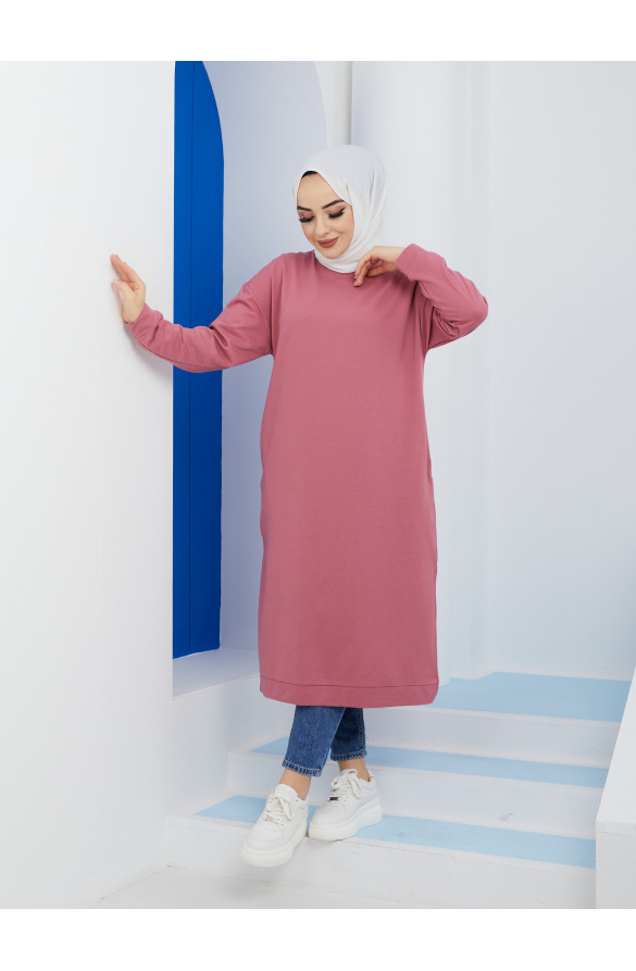 Uzun Yan Yırtmaçlı Çift Cepli Tesettür Tunik 3022 GÜL KURUSU